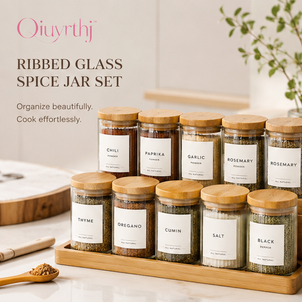 Oiuyrthj™ Ribbed Glass Spice Jar Set with Bamboo Lids & Minimalist Labels