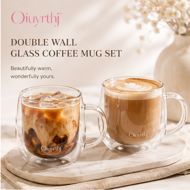 Oiuyrthj™ Double Wall Glass Coffee Mug Set for Latte, Cappuccino & Tea