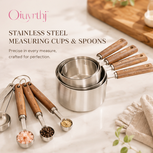 Oiuyrthj™ Stainless Steel Measuring Cups & Spoons with Walnut Handles