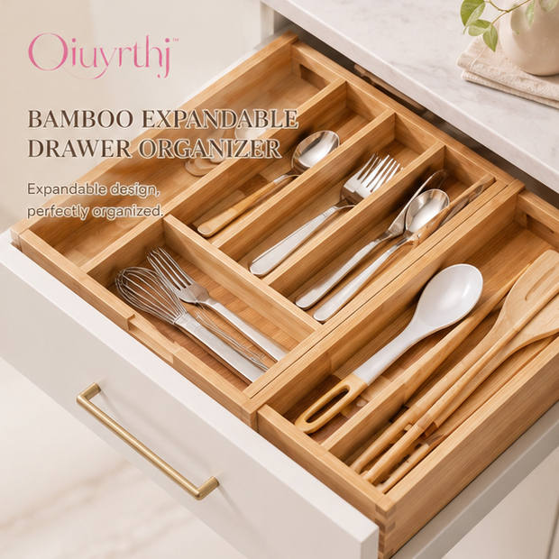 Oiuyrthj™ Bamboo Expandable Drawer Organizer for Kitchen Utensils